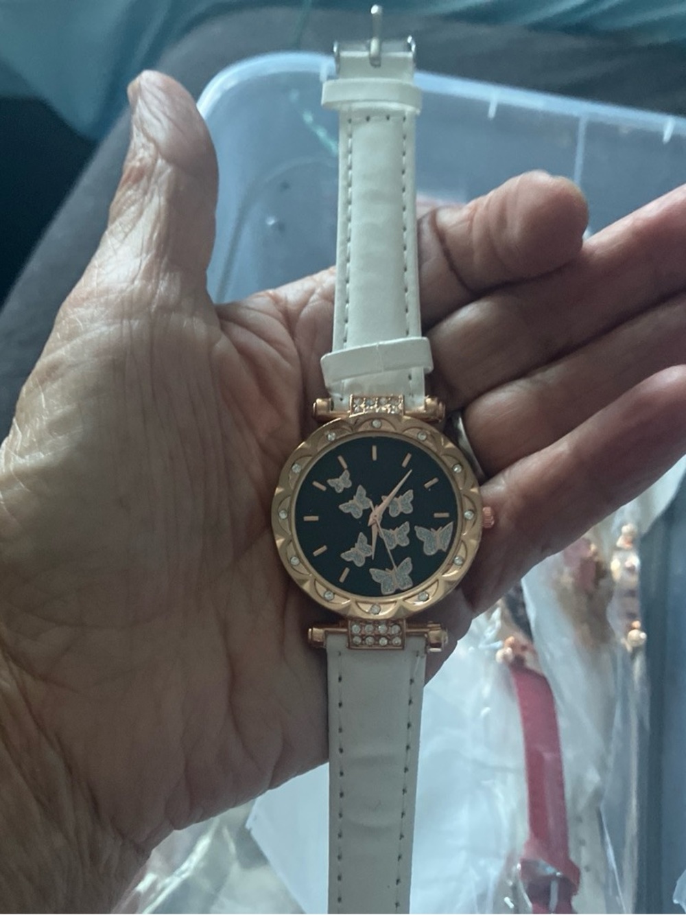 Women's White Strap Watch with Rose Gold Butterfly Dial